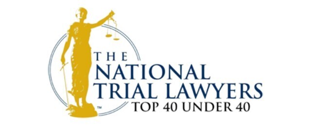 Logo for "The National Trial Lawyers Top 40 Under 40" featuring Lady Justice holding scales.