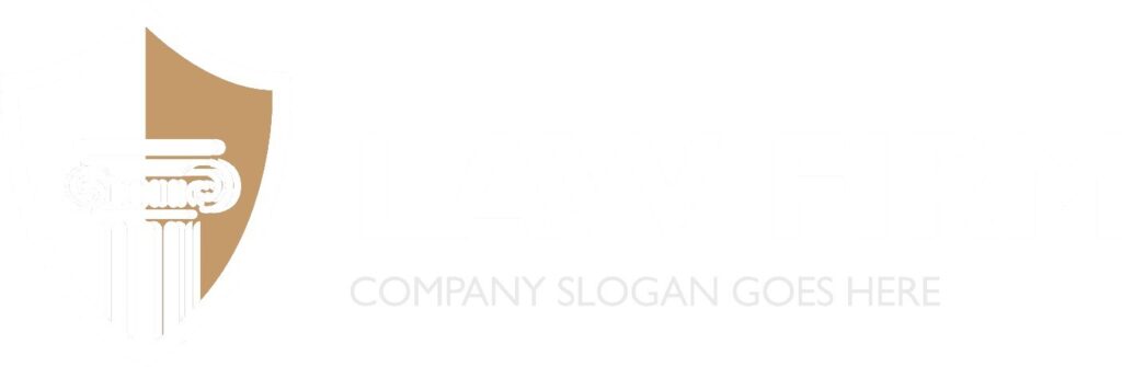 Logo of a law firm featuring a pillar and shield design with the text "Law Firm" and placeholder "Company Slogan Goes Here.