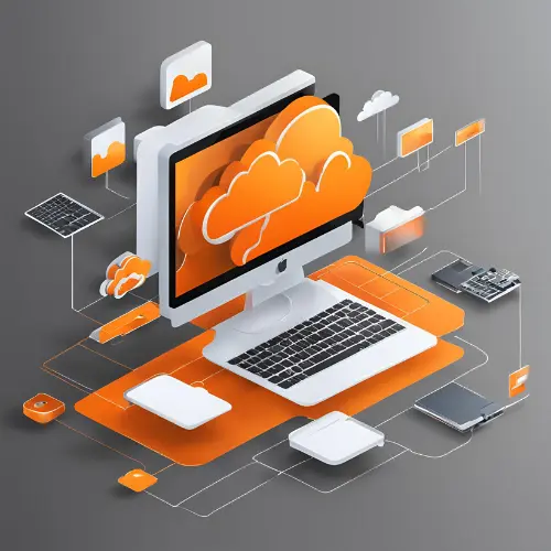 A desktop computer surrounded by various floating icons and cloud symbols, illustrating cloud computing and connectivity. The color scheme is predominantly orange and gray.