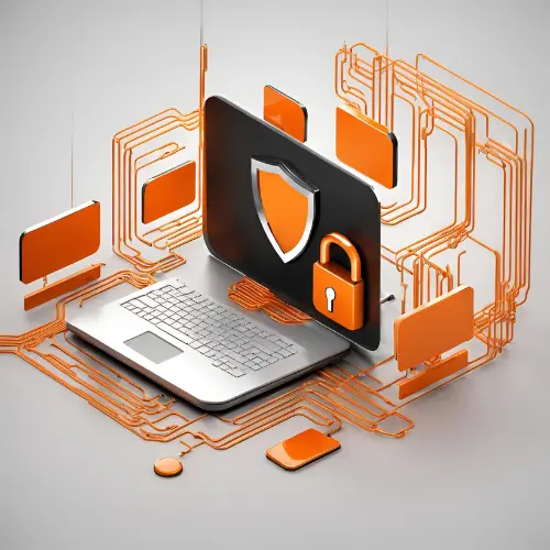 A laptop surrounded by orange digital lines, featuring a shield and padlock symbol, representing cybersecurity and data protection.