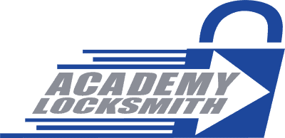 Blue padlock graphic with slanted lines and the text "Academy Locksmith" in bold gray letters.