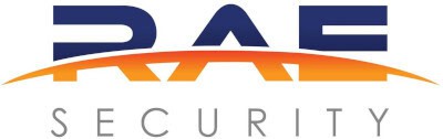 Logo of RAE Security with "RAE" in dark blue, a curved orange line beneath it, and "SECURITY" in gray below.
