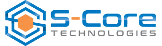Logo of S-Core Technologies featuring a blue hexagon outline with an orange core and the company name in blue and gray text to the right.