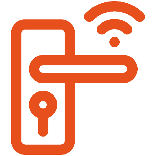 Orange icon of a door handle with a keyhole and a Wi-Fi signal symbol above, representing a smart lock or wireless door access system.